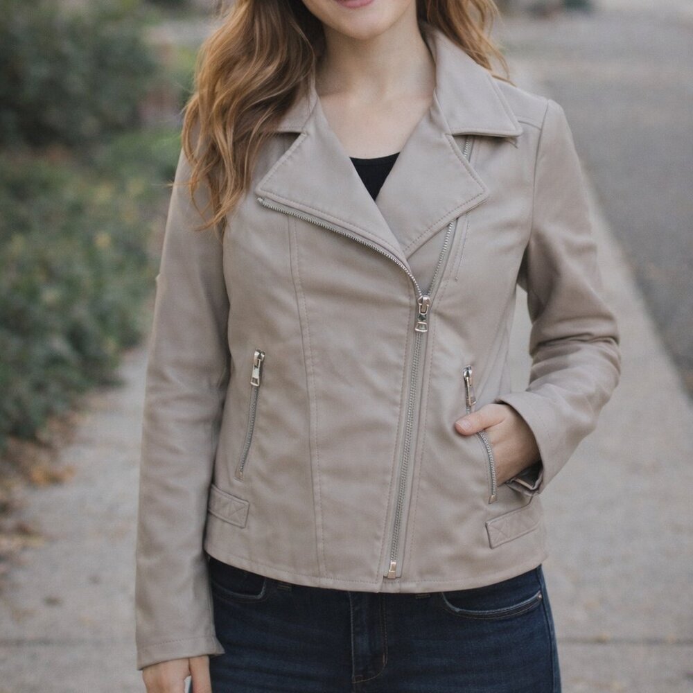 a.n.a Women's Taupe Gray Faux Leather Jacket Size Medium